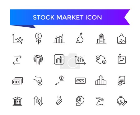 Sammlung von Börsensymbolen. Bezogen auf Aktien, Börse, Finanzziel, Aktien, Investitionen, Bullenmarkt, Bärenmarkt und Anlagesymbole.