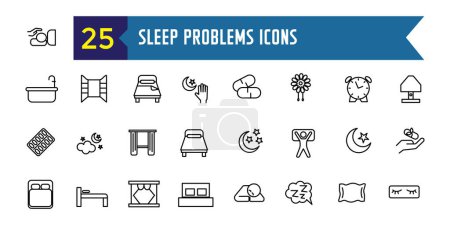 Schlafprobleme sind programmiert. Umrisse von Vektor-Symbolen für Schlafprobleme für UI-Design. Umrissene Symbolsammlung. Essbarer Schlaganfall.