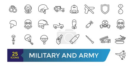 Military and army line icons. Editable Stroke. Military Equipment, tools, aids and appliances. Collection and pack of linear web and ui icons. Editable stroke. Vector illustration