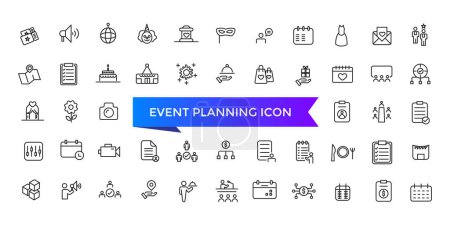 Sammlung von Ereignisplanungssymbolen. Bezogen auf Dekoration, Veranstaltungsort, Veranstaltungsplaner, Registrierung, Unterhaltung, Catering und Einladungssymbol.