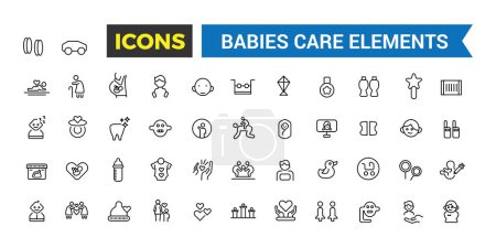 Babys, Baby-Spielzeug, Fütterungs- und Pflegeelemente-Set. Umrisssymbole packen. Editierbares Vektorsymbol und Illustration.