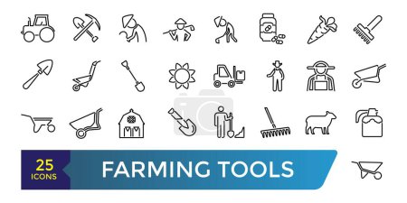 Farming Tools Line Icons Set. Verwandt mit Schubkarre, Rechen, Schaufel, Karotte, Gabel und Messer, Traktor, Apfel, Pflanze im Boden. Sammlung und Packung von linearen Web- und UI-Icons. Essbarer Schlaganfall. Vektorillustration