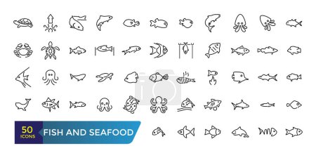 Ensemble d'icônes poisson et fruits de mer. Collection et pack d'icônes web et ui linéaires. Course modifiable. Illustration vectorielle