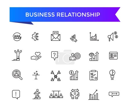 Geschäftsbeziehungsmanagement-Symbole mit editierbarer Schlaganfallsammlung. Liniensymbole packen. Vektorillustration.