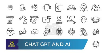 Chat GPT and AI icon set. Generative technology, Popular chat, GPT use cases. Collection and pack of linear web and ui icons. Editable stroke. Vector illustration