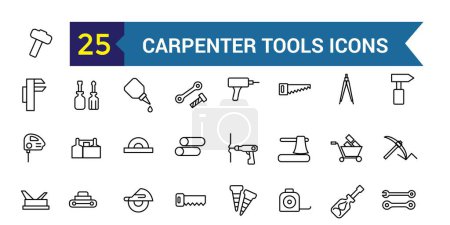 Carpenter tools icons set. Outline set of carpenter tools vector icons for ui design. Outline icon collection. Editable stroke.
