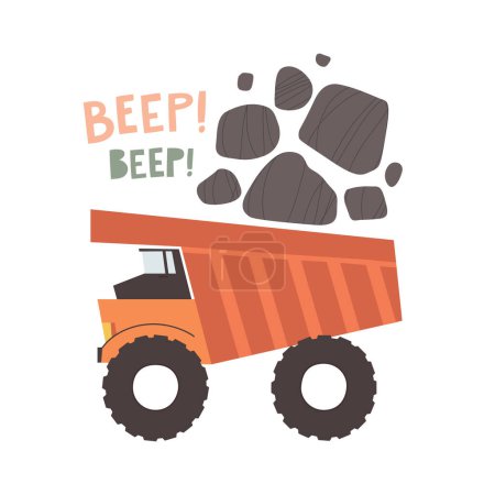 A cartoon style illustration of a truck with an inscription Beep, Beep. Hand drawn lettering. Concept for children posters, t shirts, stickers, greeting cards.