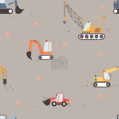 A seamless pattern with cartoon style hand drawing construction machines. Concept for kids linen, clothing, wrapping paper.