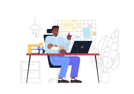An illustration of a dad trying to work with his baby sitting on his lap. Fatherhood and work at home concept vector illustration. Isolated on a white background