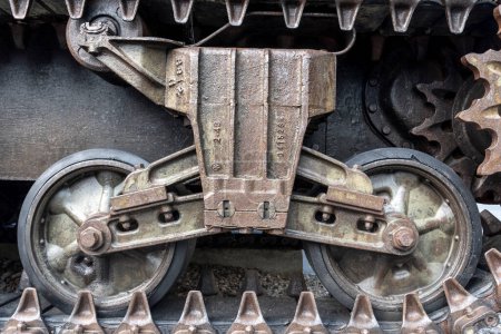 Close up of the heavy traction system of an old american tank used on the IIWW