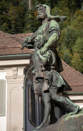 Statue to William Tell and his son in the city of Altdorf in Switzerland
