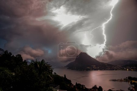 Thunderstorm with heavy lightening in Lugano, Switzerland