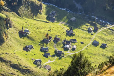 areal view of a small village in the swiss Alps