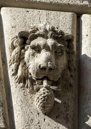 Téléchargez les photos : S pierre de tête de lion avec un cône de pin - en image libre de droit