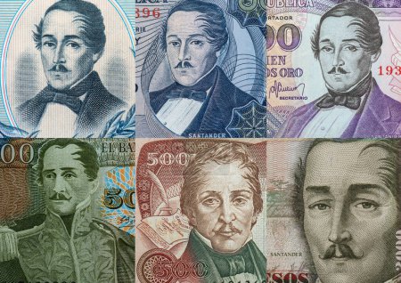 Foto de Versiones del héroe colombiano Francisco de Paula Santander en billetes viejos colombianos - Imagen libre de derechos