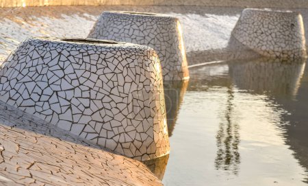 pieces of broken ceramic tiles used to decorate a fountain in montjuic,, barcelona, catalonia, spain