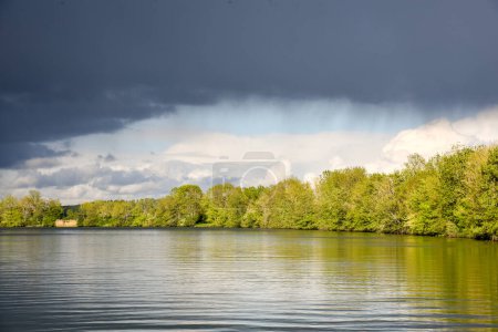 Shoreline trees stand against a serene backdrop, with water in the foreground reflecting the evening sun. Above, a vast gray cloud looms in the sky, contrasting with the tranquil scene below