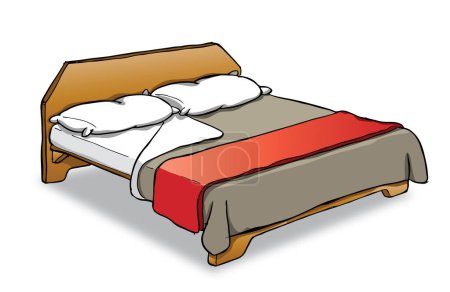 Téléchargez les illustrations : Illustration d'un lit double dessin animé avec oreillers - en licence libre de droit