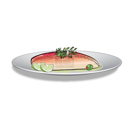 Ilustración de Delicioso salmón servido con ingredientes frescos vector ilustración diseño - Imagen libre de derechos