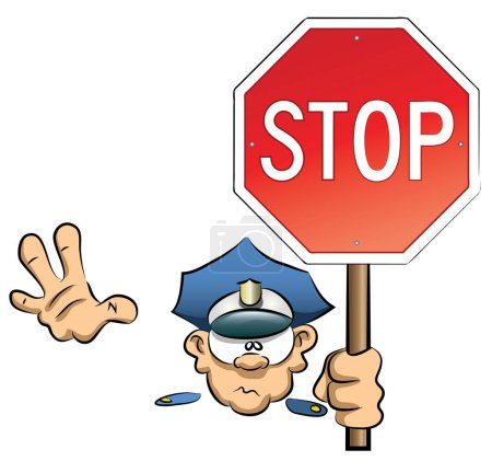 Téléchargez les illustrations : Une illustration de bande dessinée d'un policier avec un panneau stop. - en licence libre de droit