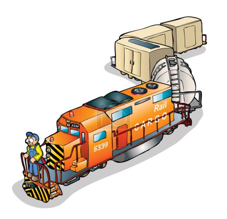 Illustration for The image of an orange cargo train with a white background. - Royalty Free Image