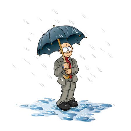Ilustración de Hombre de pie bajo la lluvia con un paraguas - Imagen libre de derechos