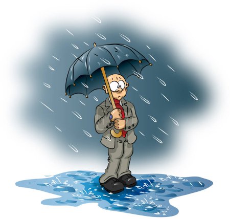 Téléchargez les illustrations : Homme debout sous la pluie avec une illustration de parapluie - en licence libre de droit