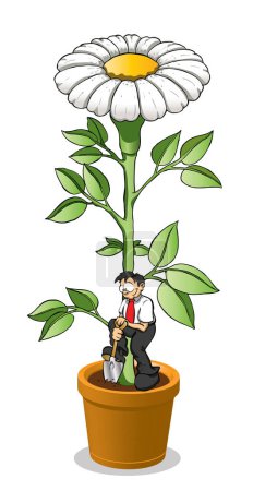 Ilustración de Hombre cavando y plantando una planta grande con una flor - Imagen libre de derechos