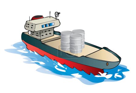 Téléchargez les illustrations : Navire-citerne avec barils sur l'illustration de l'océan - en licence libre de droit