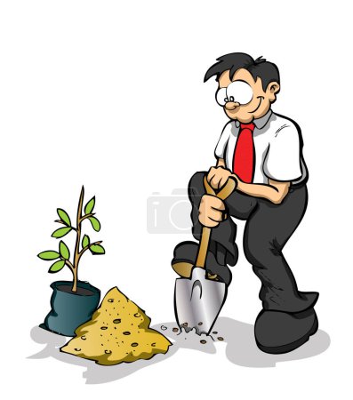 Ilustración de Un hombre cavando y plantando una planta en el suelo - Imagen libre de derechos