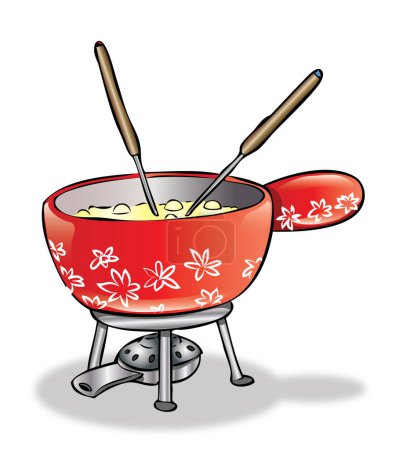 Téléchargez les illustrations : Un pot à fondue avec illustration de fromages fondus - en licence libre de droit
