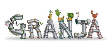 Illustration for Farm in Spanish illustration with animals and vegetables - Royalty Free Image