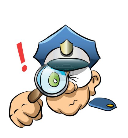 Illustration for A cartoon illustration of a policeman looking through a magnifying glass - Royalty Free Image