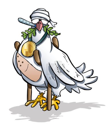 a white peace pigeon with with wounds and the prize medal 