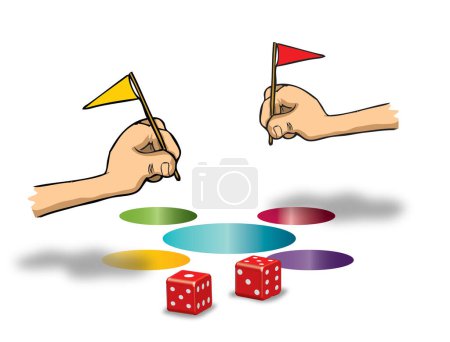 zwei Hände spielen ein Spiel mit Flaggen und Würfeln