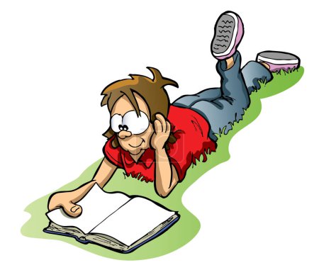 Ilustración de Joven feliz leyendo un libro tumbado en la hierba - Imagen libre de derechos