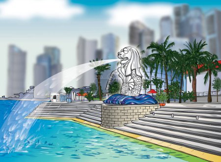 Ilustración de Singapore vector ilustración con el punto de referencia del león - Imagen libre de derechos