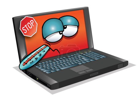 portátil enfermo con una ilustración de virus