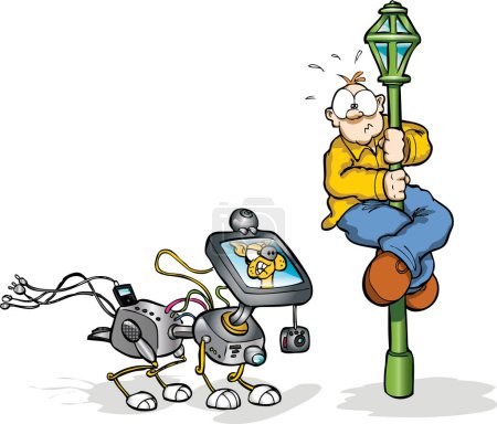 Ilustración de Un hombre luchando con un perro robot - Imagen libre de derechos