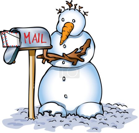 Téléchargez les illustrations : Personnage de bonhomme de neige vecteur dessin animé attendant poste en hiver, sur fond blanc - en licence libre de droit