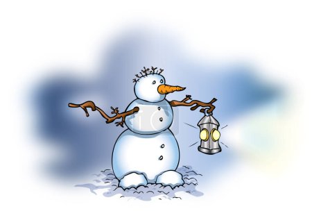 Ilustración de Vector de dibujos animados personaje muñeco de nieve con una linterna, sobre fondo blanco - Imagen libre de derechos