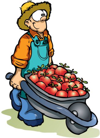 Illustration for Farmer picking up apples in the garden with his wheelbarrow - Royalty Free Image
