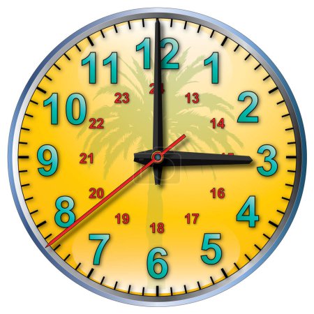 Téléchargez les illustrations : Une horloge murale jaune tropicale à trois heures - en licence libre de droit