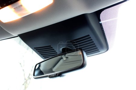Rear view mirror inside the electric car. Lane Keeping System. Lane Departure Warning System. Cameras built into the windshield, along with other Sensors, to provide features like Emergency Braking.