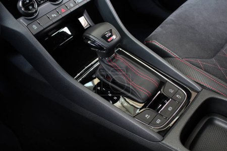 Modern Automatic Transmission in Car. Gear lever close up. Direct-shift gearbox. DSG automatic transmission. Multiple-shaft, automatic gearbox.