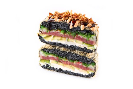 appetizing fresh sushi burgers on white background for food delivery site ,