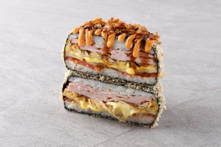 appetizing fresh sushi burgers on white background for food delivery site ,