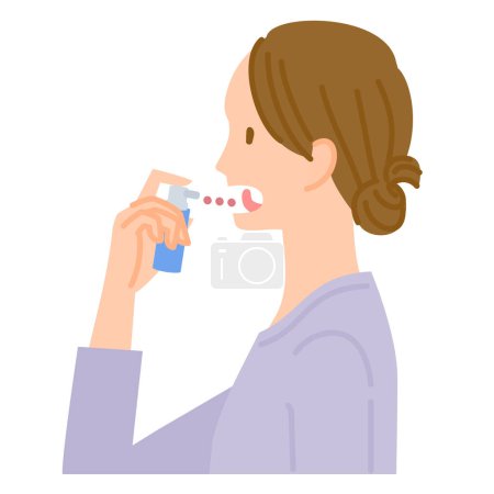 Téléchargez les illustrations : Image d'une immunothérapie sublinguale contre le rhume des foins (une femme dépose de l'extrait de pollen de cèdre liquide) - en licence libre de droit