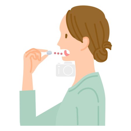 Image d'une immunothérapie sublinguale contre le rhume des foins (une femme place un comprimé d'extrait de pollen de cèdre sur sa langue)