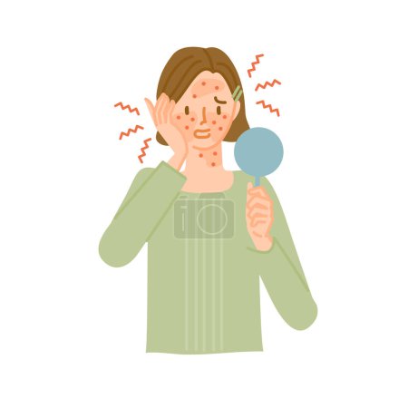 Illustration for A woman whose facial skin is rough, inflamed, and itchy due to an allergic reaction (hay fever dermatitis) - Royalty Free Image